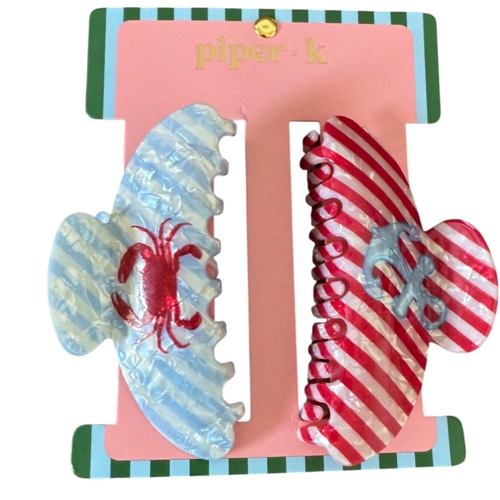 Piper K Hair Claw Duo Blue Anchor Red Crab Striped Beach Patriot Theme NWT